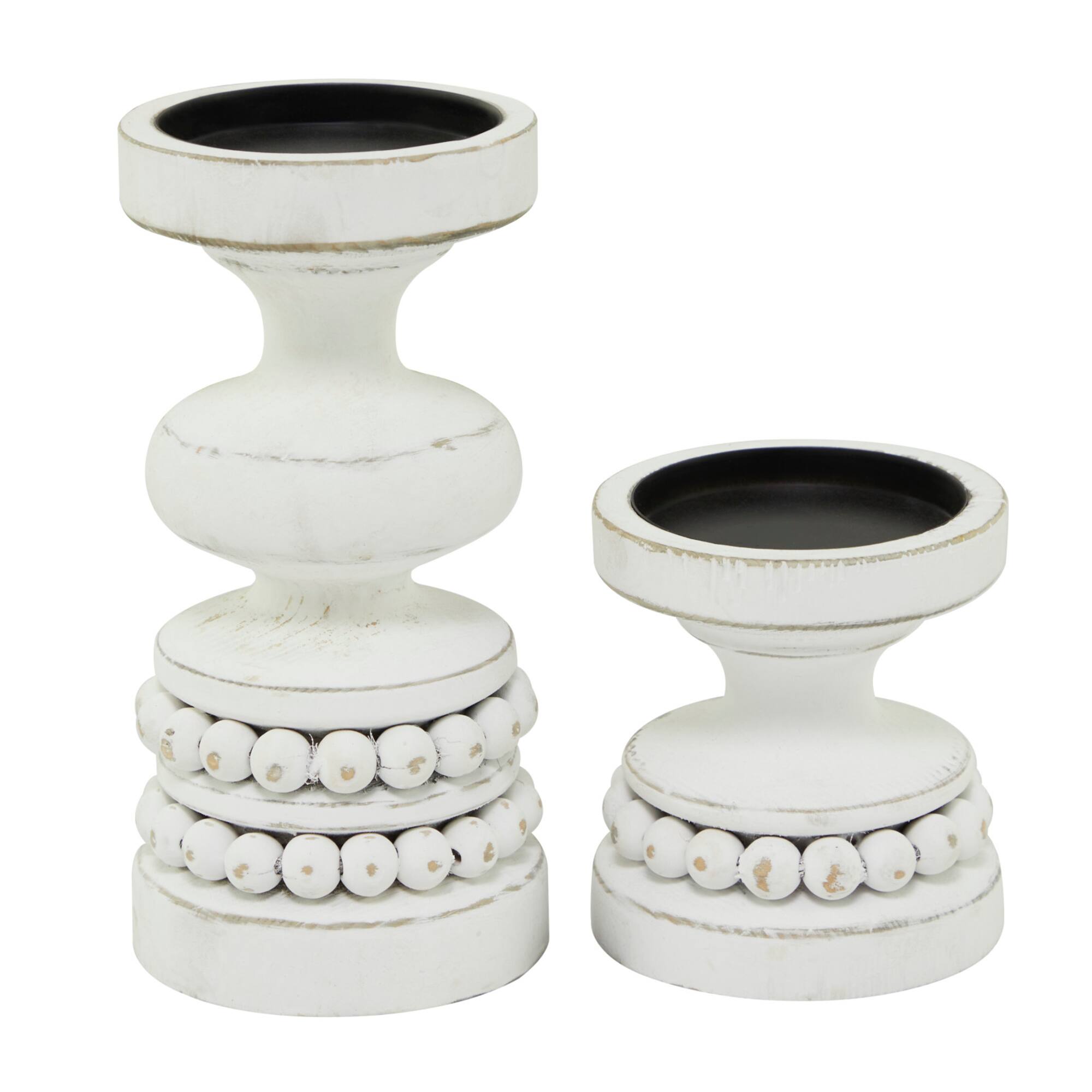 White Wood Beaded Pillar Candle Holder Set
